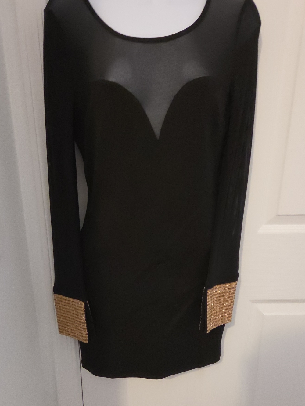 Fashion Nova Black Long Sleeve Sheer Yoke Dress with Gold Beaded Cuffs
